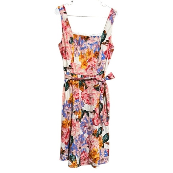 London Times NWT Floral Sleeveless Dress Square Neck A-line Linen Blend Size 12 - Picture 2 of 13